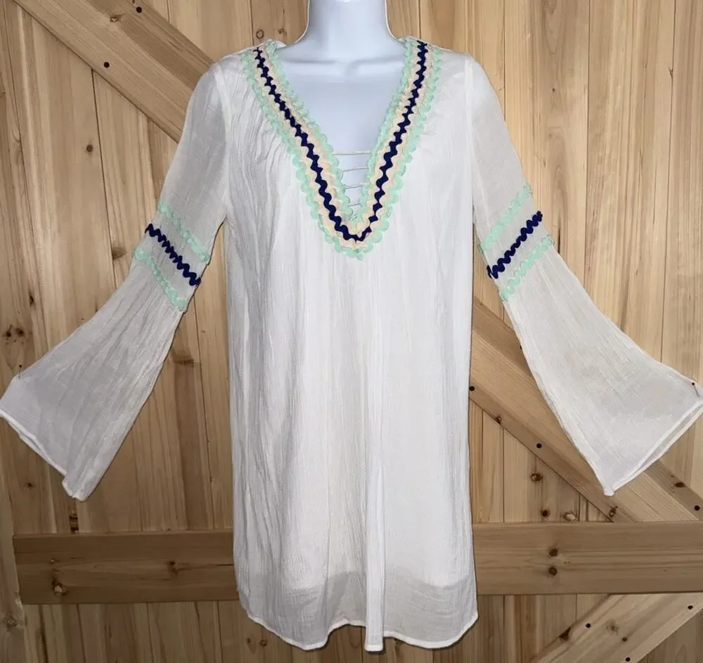 Judith March White Blue Gauze Tunic Top Coverup Vacation Resort Beach Club Sz M